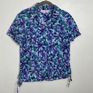 Pappagallo Casuals Womens PL Purple Blue Floral Short Sleeve Button Down Shirt